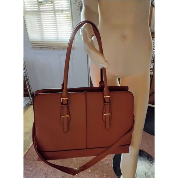 Large Brown Faux Leather Tote Bag With Dual Straps & Adjustable Shoulder Strap - Picture 4 of 10